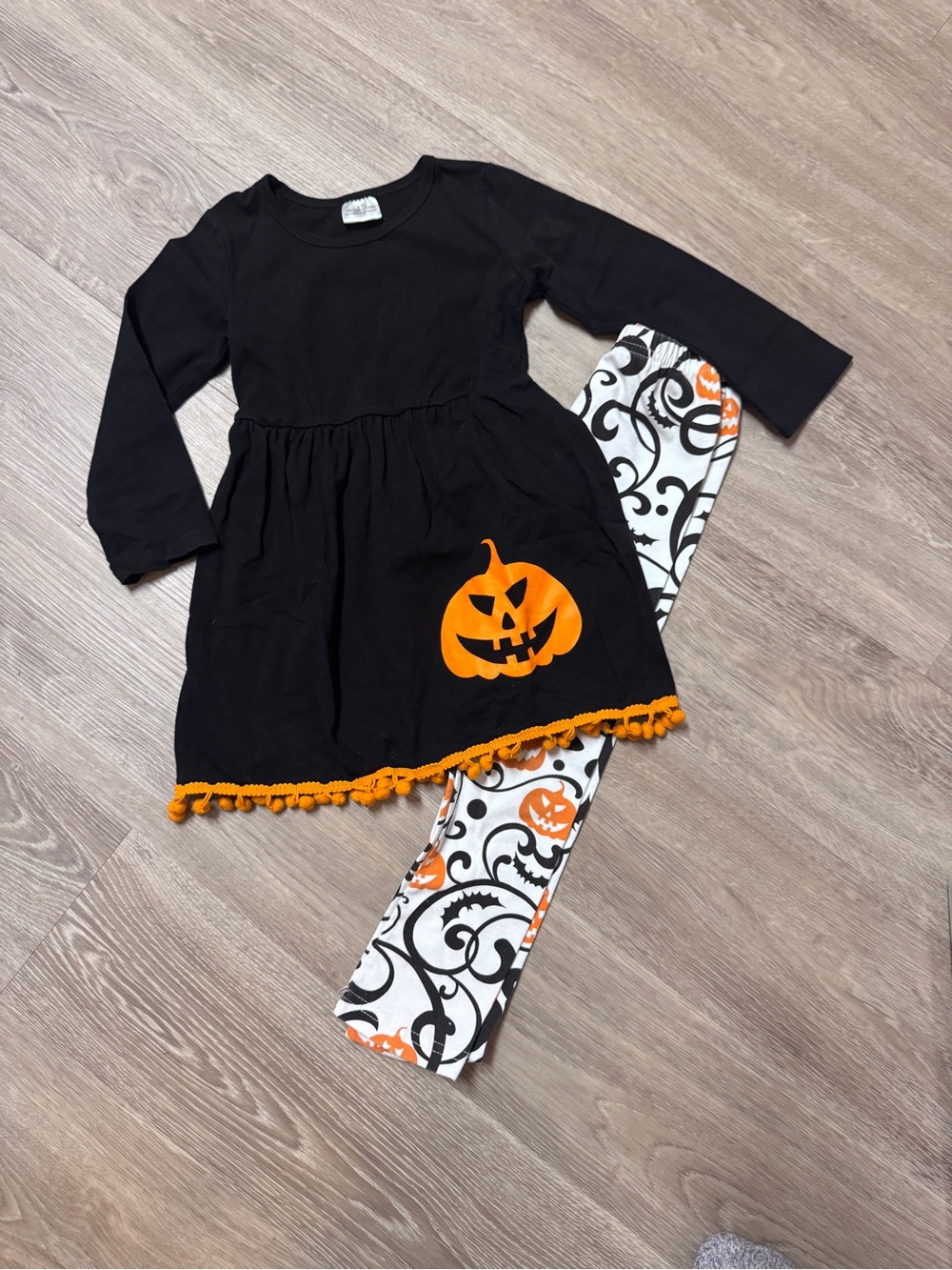 Halloween Pumpkin Dress & Leggings Set - Black & Orange Kids Costume